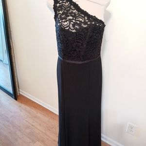 Size 12 Black lined, strecthed georgette gown w/ one shoulder laced bodice dress